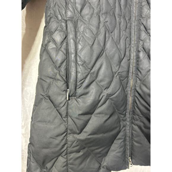 Eddie Bauer Puffer Coat Small Black Goose Down Faux Fur Lined Hood Long Length - Picture 13 of 16